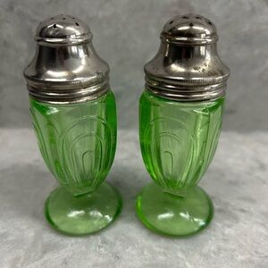 Vintage Green Glass Salt and Pepper Shakers